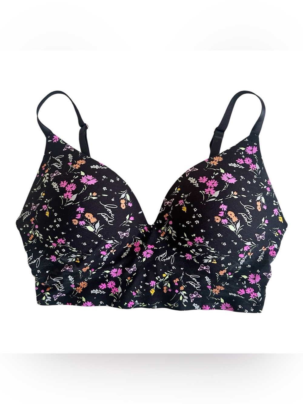 PINK Victoria’s Secret Loungin’ Wireless Push-Up Bra Black Ground Floral Sz S-DD